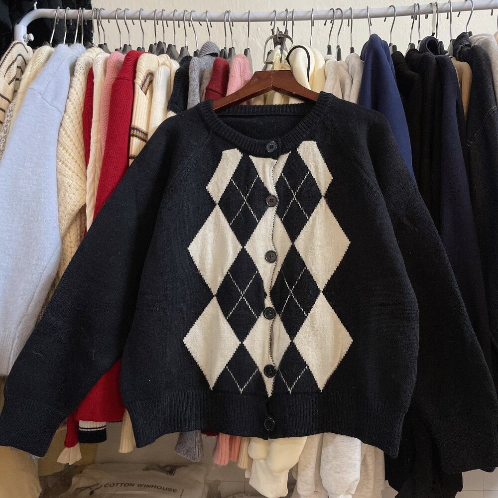 Black Cream Argyle Cardigan Preppy Sweater